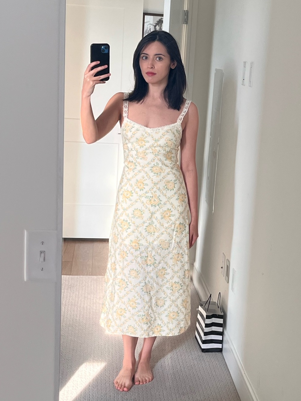 LIKE NEW Le Lis Floral Lace-Trim Maxi Slip Dress in White and Yellow (Small)